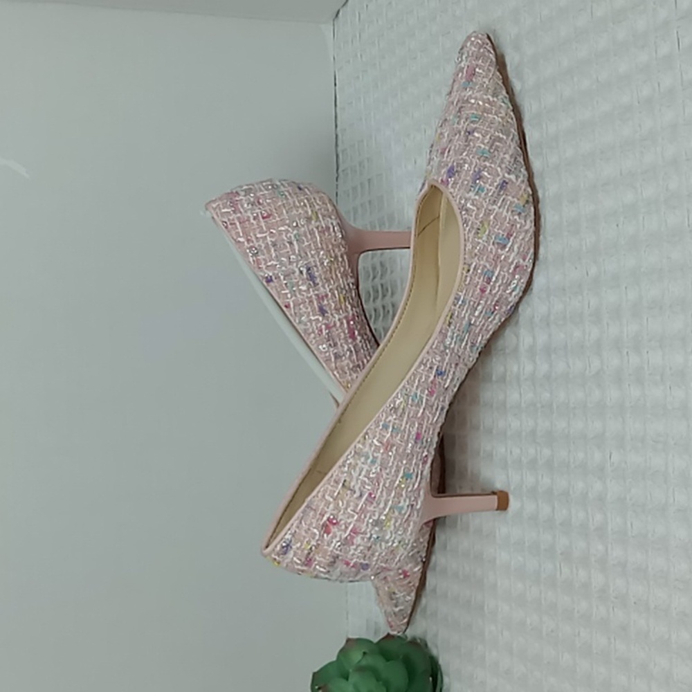 NWOT Nine West Arlene Pointed Toe Tweed Kitten Heel Pumps Size 6 Pink/White/Blue - Picture 11 of 12